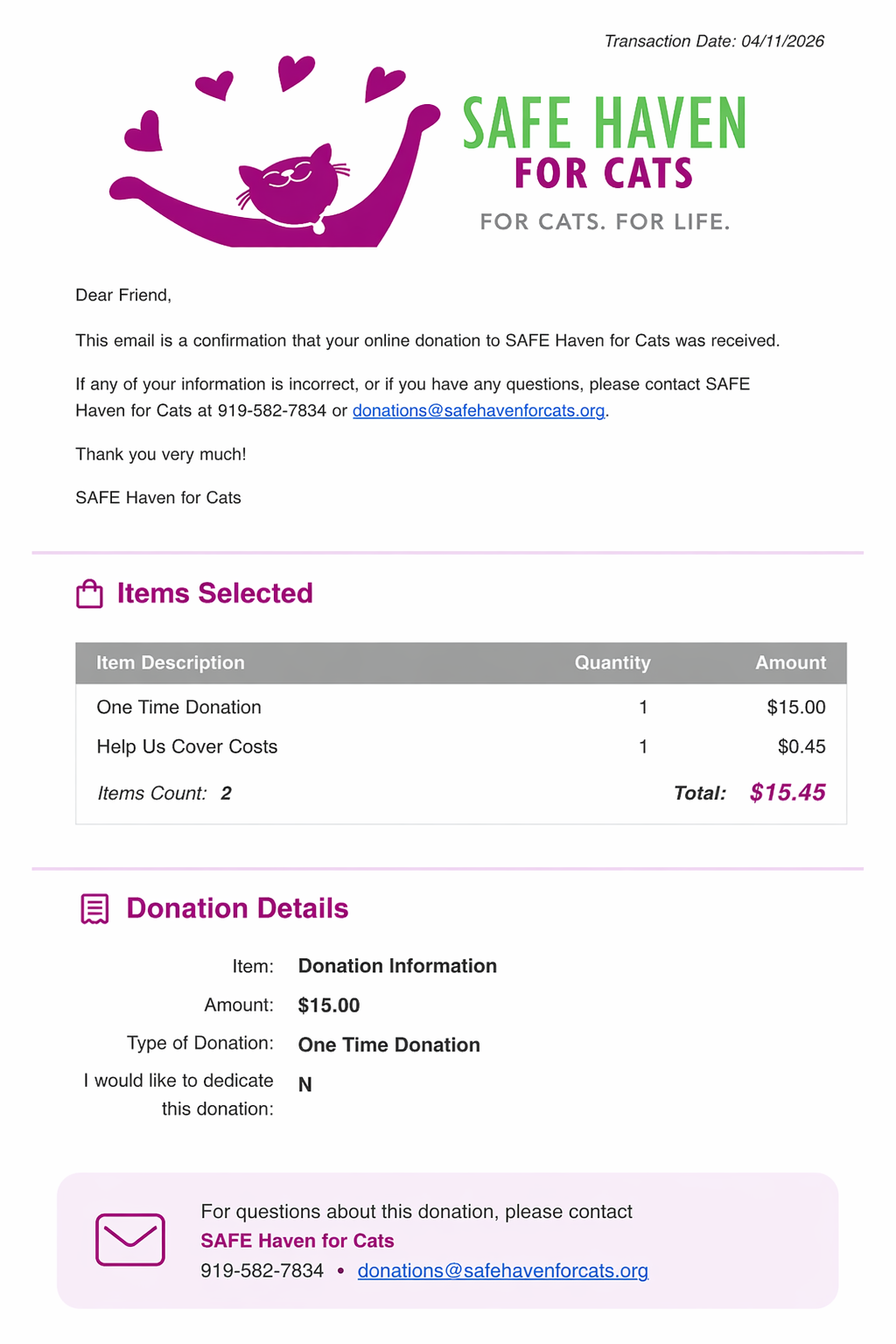 Donation confirmation SAFE Haven for Cats